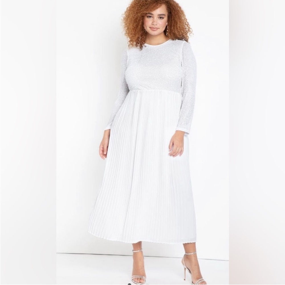 Eloquii White Shimmer Pleated Maxi Dress Size 16 Bridal Rehearsal Dinner Gown
